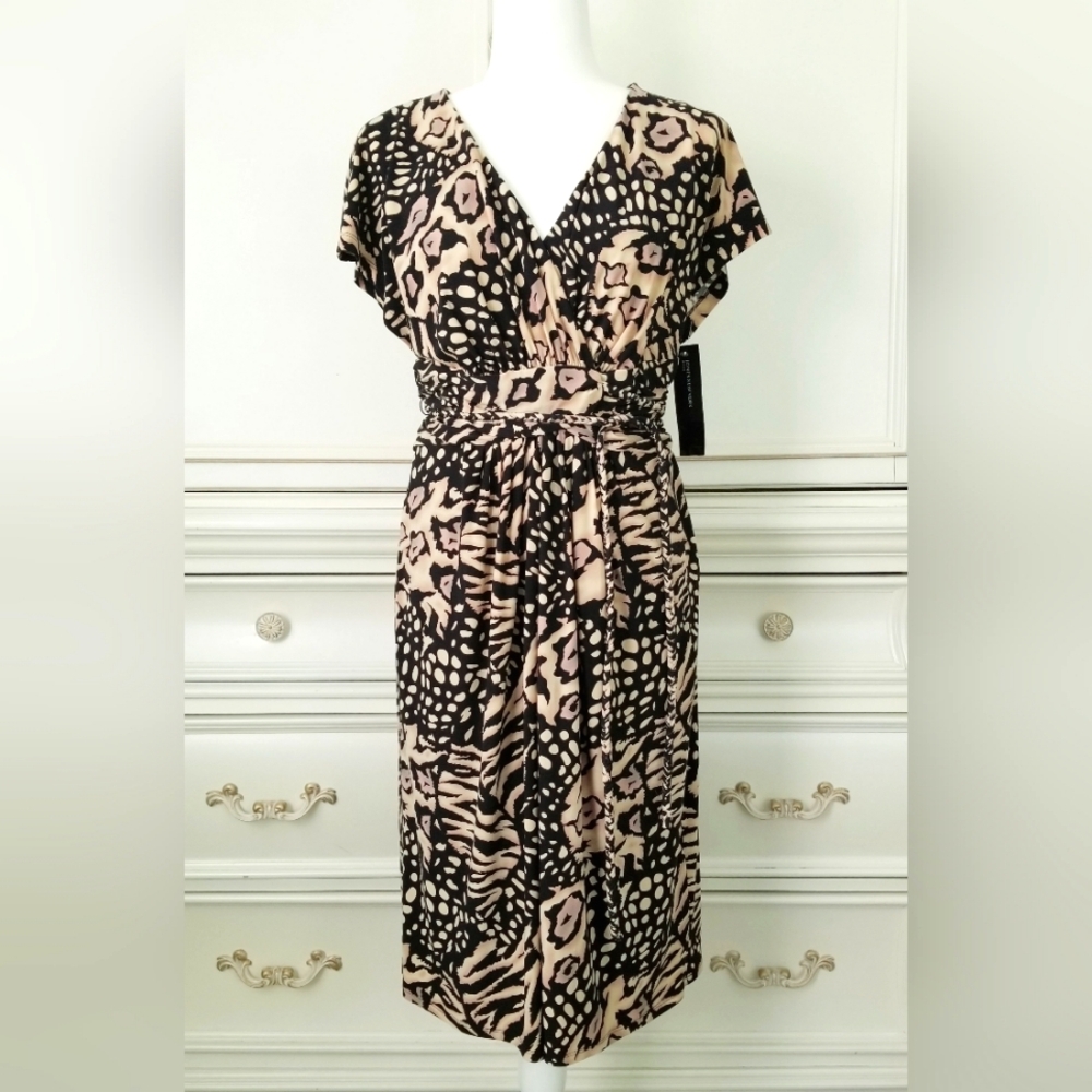 Jones New York Black Beige Animal Print Empire Waist Stretch Knit Dress 8 NWT